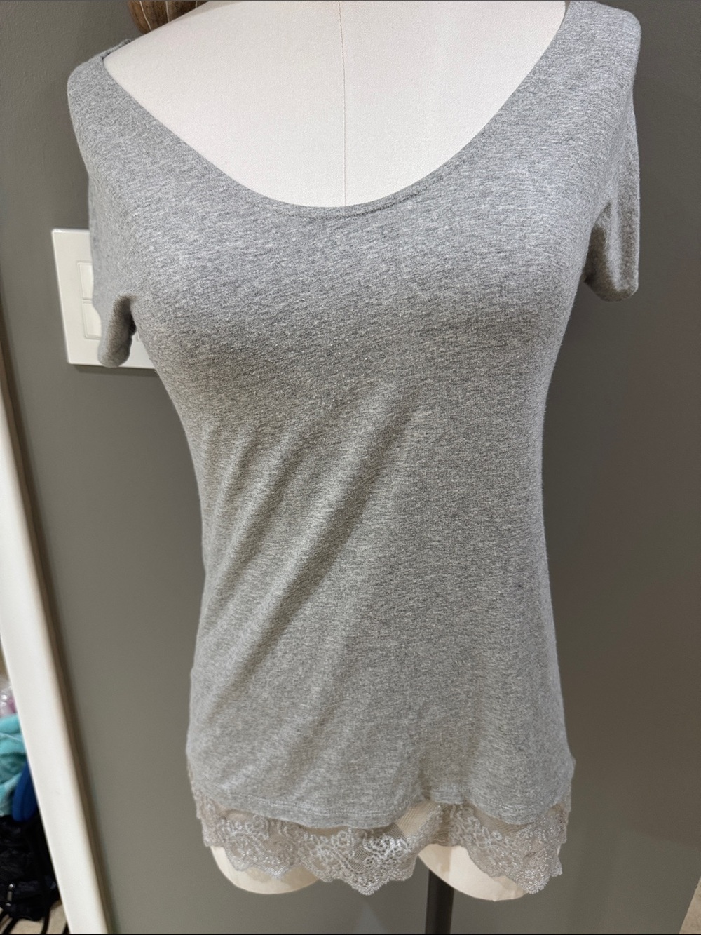 Only Hearts Gray Scoop Neck Short Sleeve Top with Lace Hem
